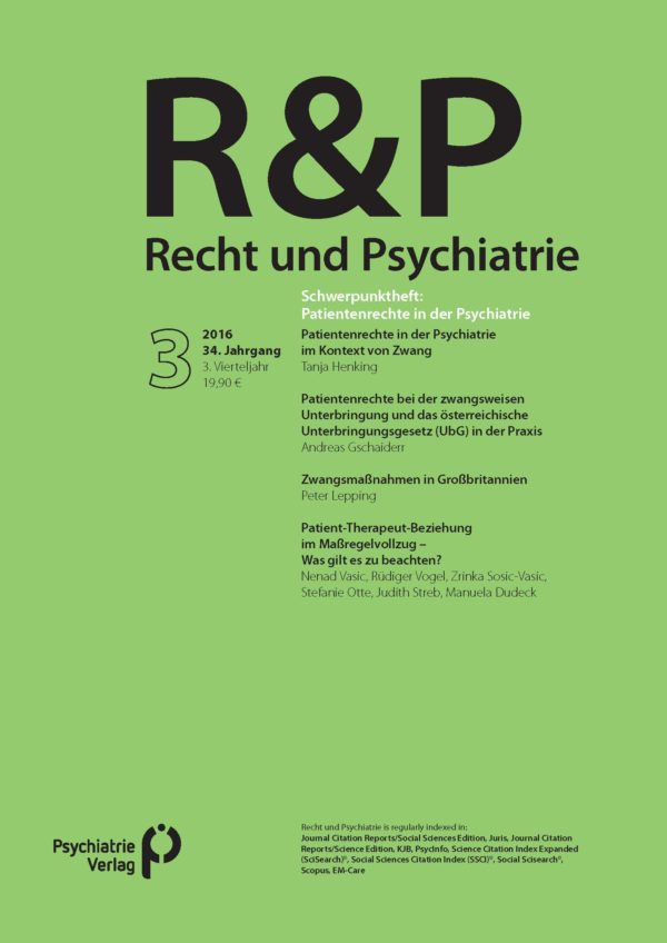 Coverabbildung der Zeitschrift: "Recht und Psychiatrie" 3/16